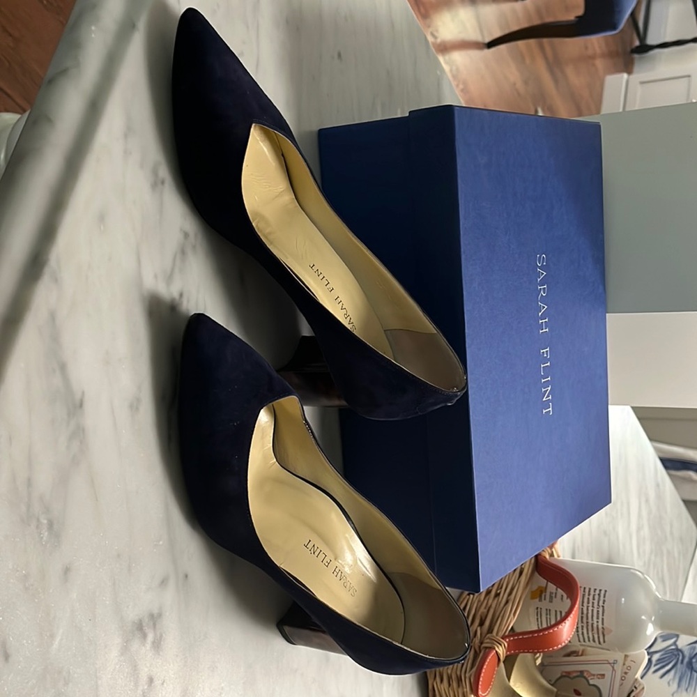 Sarah Flint “Perfect Emma”; Navy Suede Pump with tortoiseshell heel.